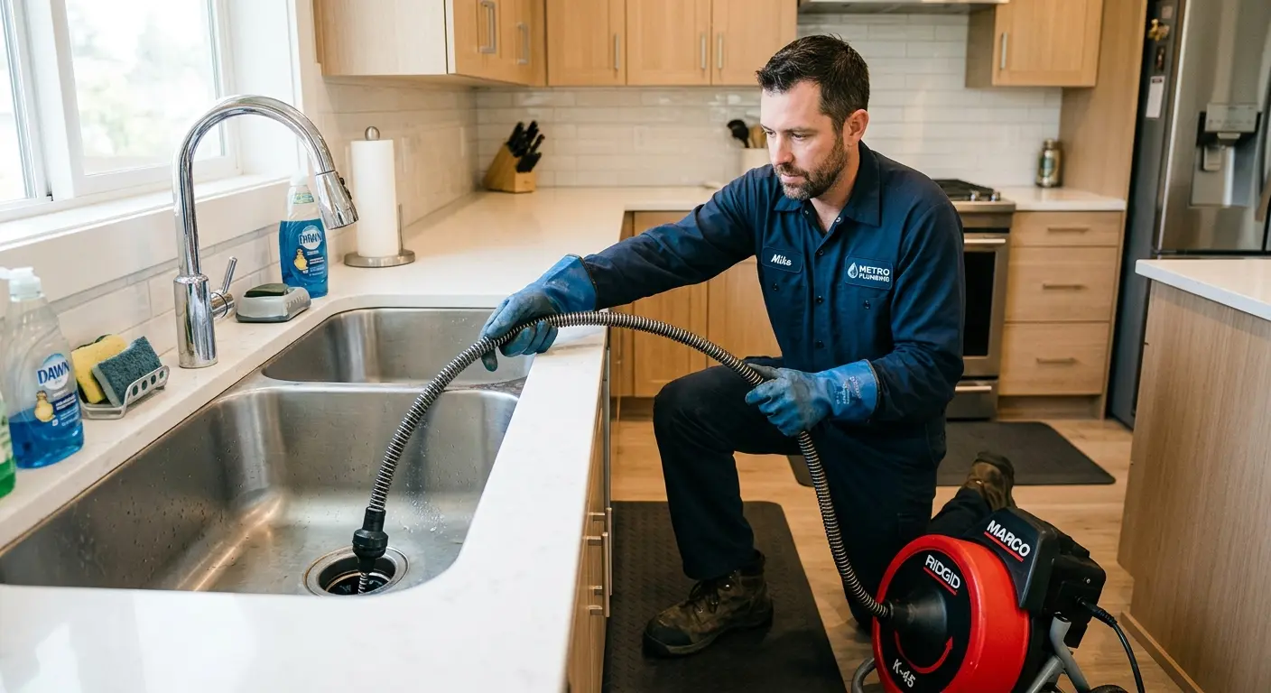 Drain cleaning technician using a motorized snake on a kitchen sink in Leisure World