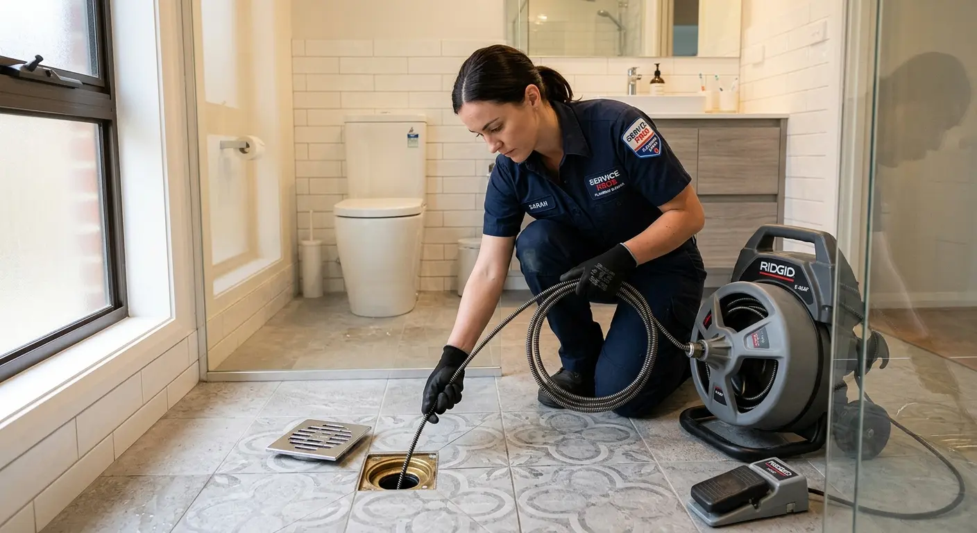 Technician clearing a bathroom floor drain for Sewer Line Installation in Leisure World